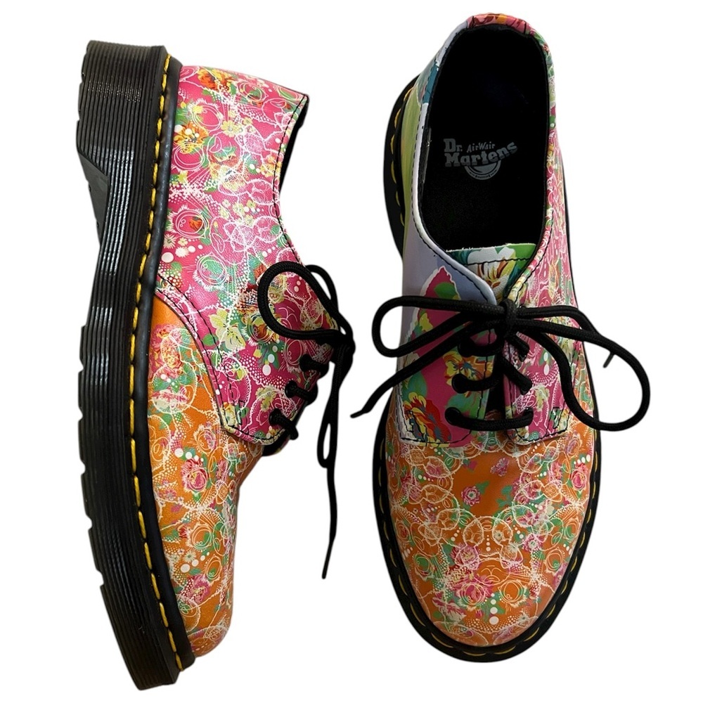 Dr. Martens Smiths Daze Lace Up Oxford Floral Cat Print Shoes Ladies Size 7 EUC